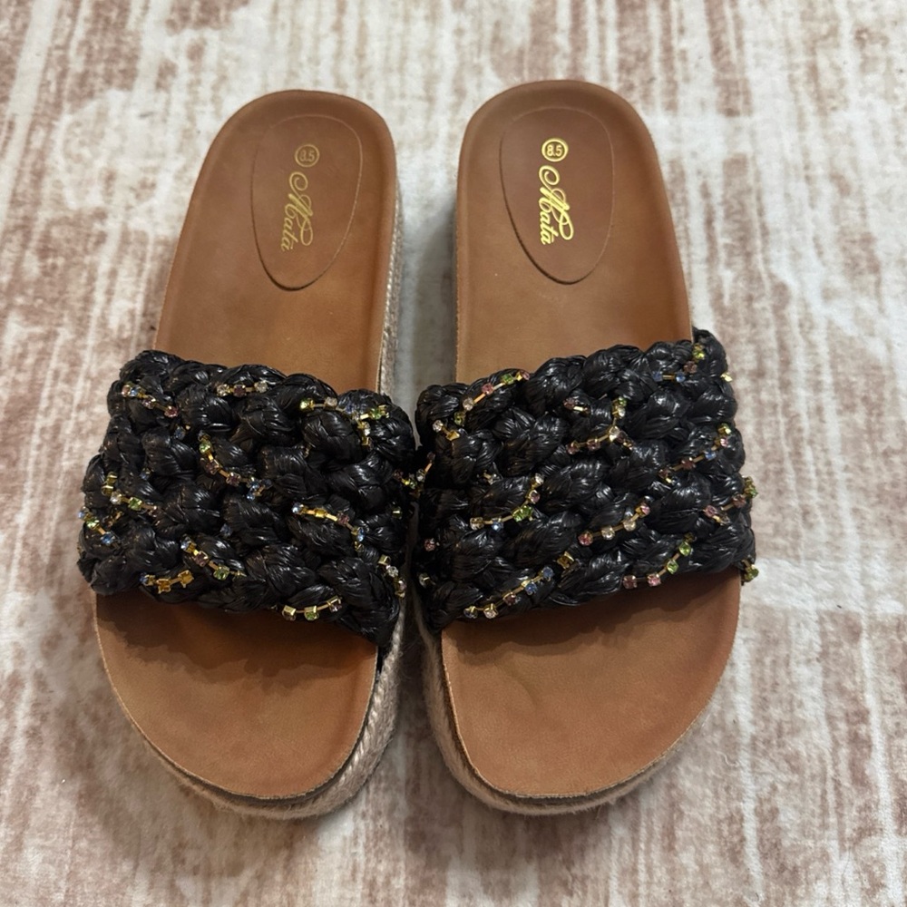 Women’s Black Braided Platform Slide Sandals Size 8.5 – New